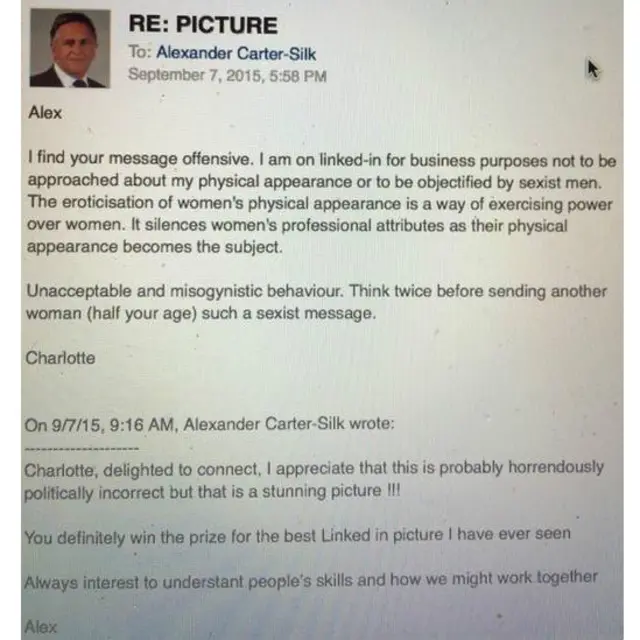 Print que Proudman postou no Twitter para mostrar a mensagem de Carter-Silk e a resposta dada por ela