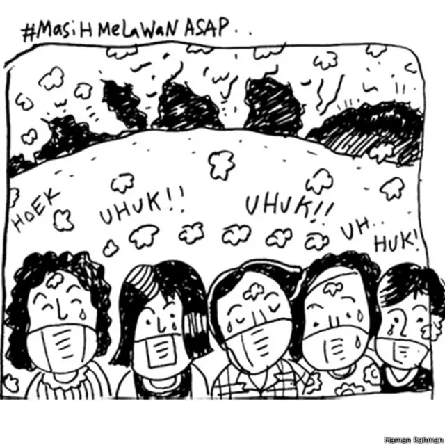 Komikus Maman Rahman menyoroti nasib anak-anak yang harus menghirup asap di sejumlah kota di Indonesia.
