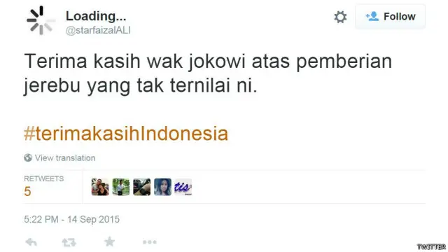 Salah satu keluhan dari pengguna media sosial di Malaysia. "Terima kasih Pak Jokowi atas pemberian asap yang tak ternilai ini."
