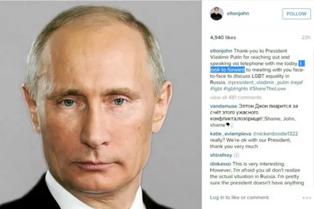 Ser Elton John özünün İnstagram səhifəsində Rusiya prezidentinin ona zəng edərək görüşə dəvət etdiyini yazıb