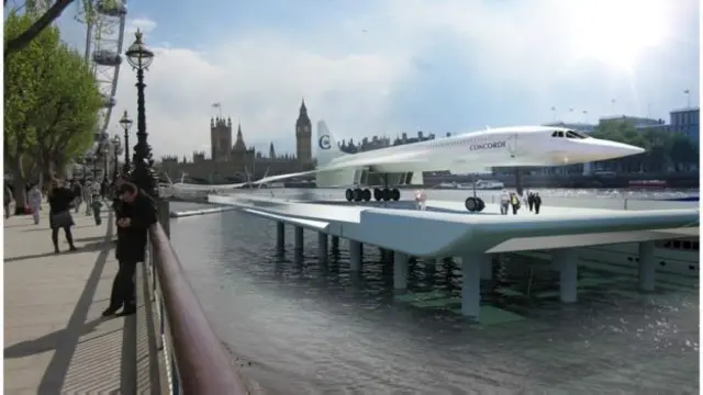 Em projeção digital, uma prévia de como seria a exposição do Concorde no rio Tâmisa, em Londres