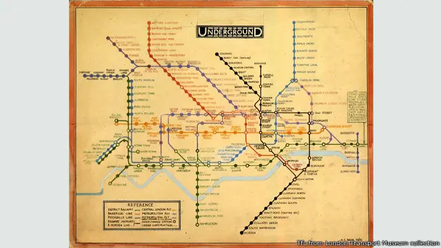 Desain Harry Beck di tahun 1931 tampak di sini, dapat menjadi dasar bagi semua peta underground di masa datang 