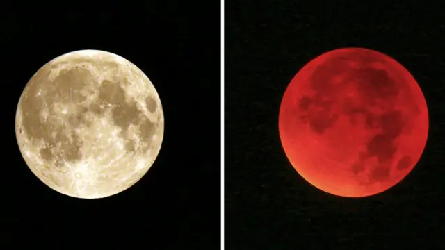 تفاوت رنگ قرص ماه در حالت عادی (چپ) و ماه افروخته