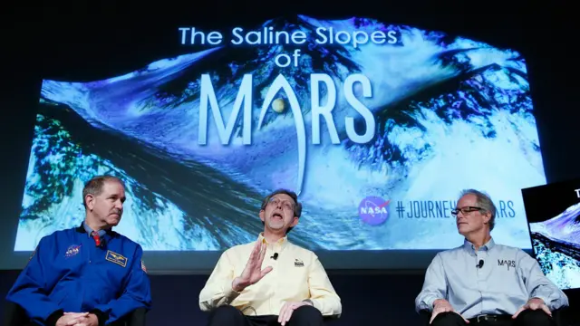 (Dari kiri ke kanan) John Grunsfeld, administrator di Direktorat Misi Sains NASA, Jim Green, direktur program luar angkasa di Pusat NASA, dan Michael Meyer, ilmuwan utama untuk Program Eksplorasi Mars di Pusat NASA, menjawab pertanyaan saat konferensi pers tentang temuan 'bukti terkuat' air bergaram di Mars pada 28 September 2015 di Washington, DC. 'Misi kami di Mars untuk menemukan air dalam upaya mencari kehidupan di jagat dan kini kami punya bukti kuat akan apa yang selama ini kami yakini,' kata Grunsfeld.