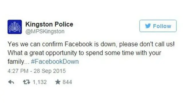 Incluso un cuerpo de la policía de London bromeó sobre el asunto: "Podemos confirmar que Facebook está caído. ¡Por favor, no nos llame! Qué gran oportunidad para pasar algo más de tiempo con sus familias...".
