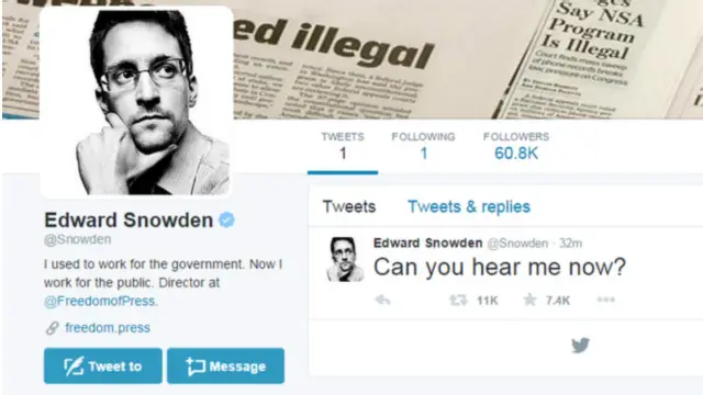 سنوڈن نے حال ہی میں سماجی رابطے کی ویب سائٹ ٹوئٹر پر اکاؤنٹ کھولا ہے