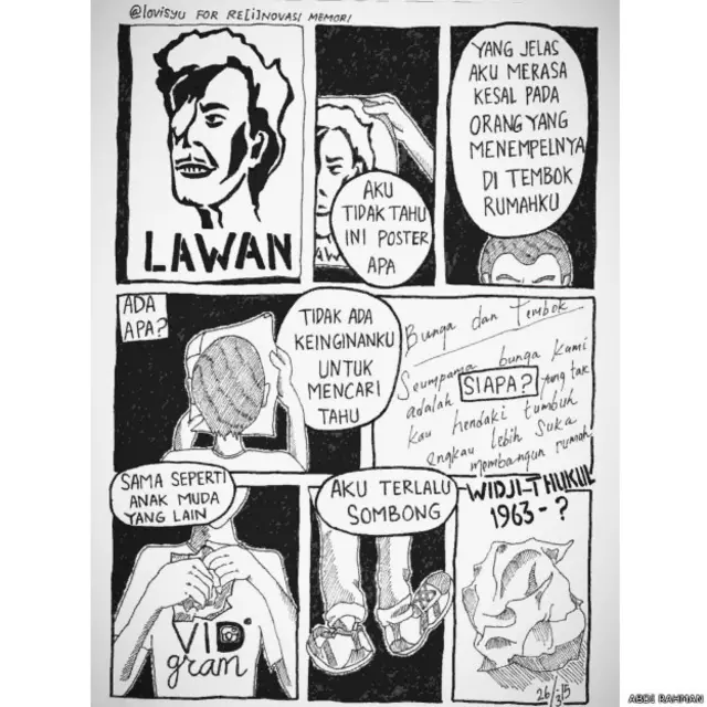 Apa yang terlintas di pikiran kamu bila mendengar
kata “pelanggaran HAM masa lalu”? "Penculikan, pembunuhan, darah...," kata Abdi Rahman, salah satu anak muda yang mengikuti kompetisi terkait kasus pelanggaran HAM.