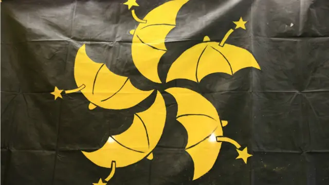 香港区旗的二次创作版，洋紫荆花变成了黄色雨伞，而红色背景亦换成黑色