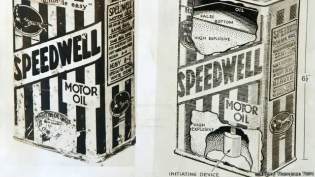 Otro de los artilugios bomba documentados era una lata de aceite de automóvil con un explosivo dentro.