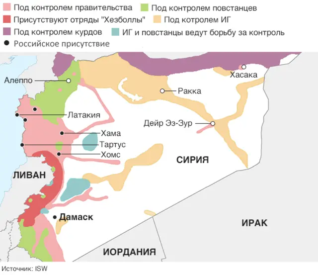 На карте обозначены зоны контроля различных противоборствующих сил в Сирии