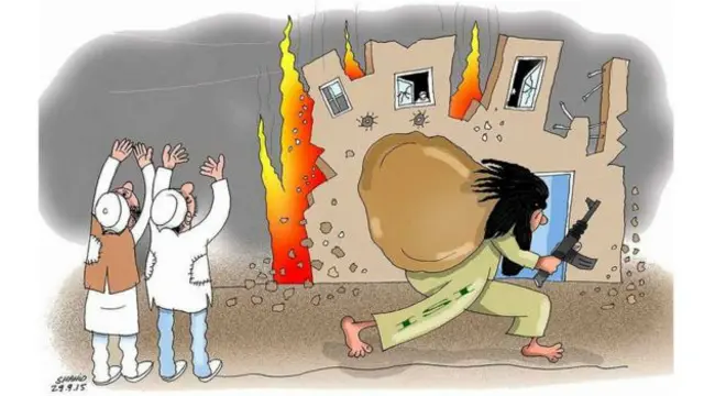 کارٹونسٹ شاہد عتیق اللہ نے قندوز میں ہونے والے تشدد اور لوٹ مار کو اس تصویر میں دکھانے کی کوشش کی ہے