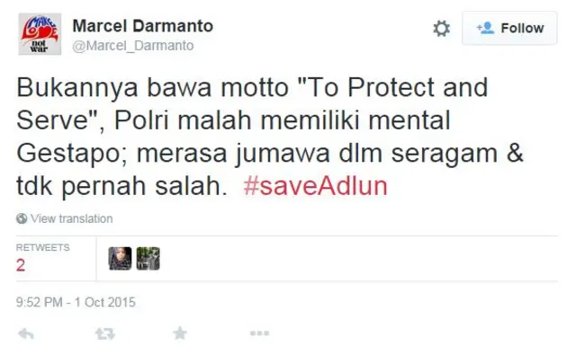 Pendukung Adlun mengungkapkan kekecewaan lewat Twitter