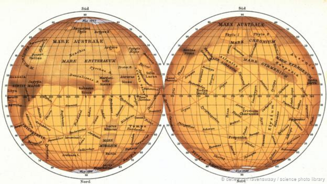 喬凡尼·斯基亞帕雷利的地圖於1888年出版——他把火星上的溝壑成為「運河」（圖片來源：Detlev Van Ravenswaay / Science Photo Library）