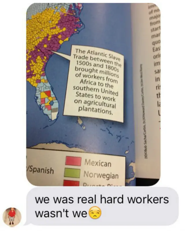 El libro de texto de Geografía que se estudia en secundaria en Texas considera a los esclavos "inmigrantes".