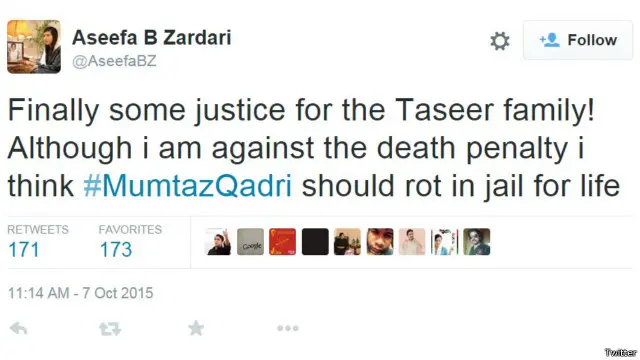 ممتاز قادری کے پھانسی کے فیصلے پر آصفہ کی ٹویٹ
