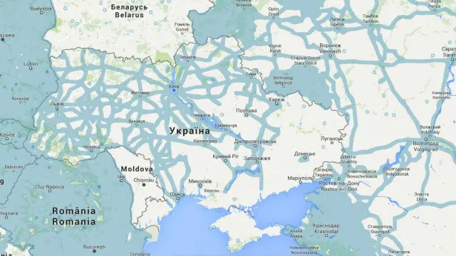 Street View в Украине. Синим обозначены территории, на которых доступен сервис просмотра улиц