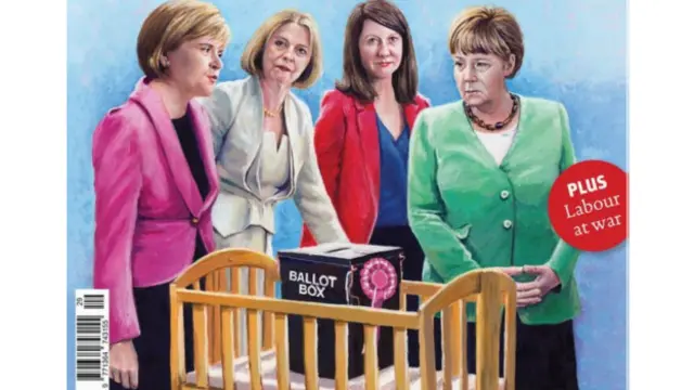 4位女政客圍著的搖籃裏沒有嬰兒，而是放著一個投票箱。封面的標題是：做母親的陷阱。副標題是：為什麼如此多的成功女士沒有孩子？