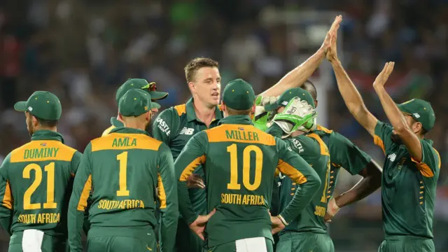 جنوبی افریقہ کی ٹیم: ہاشم آملہ، کوئینٹن، ڈوپلیسس، ڈومینی، ڈی ویلیئرز، ڈیوڈ مِلر، فرحان بہر دین، ڈیل سٹین، کگیسو ربادا، عمران طاہر اور مورنی مارکل پر مشتمل ہے