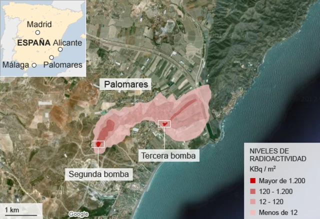 Zona en la que cayeron las bombas y la radiación registrada.