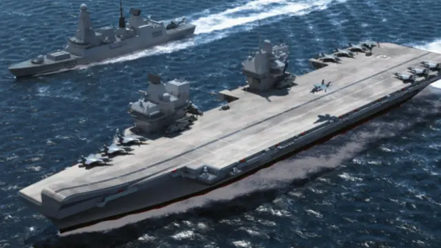 En esta imagen generada por computadora se puede ver lo que será el portaviones clase reina Isabel.