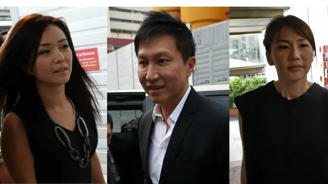 Kong Hee diapit oleh dua mantan manajer keuangan, yakni Serina Wee (kiri) dan Sharon Tan (kanan).