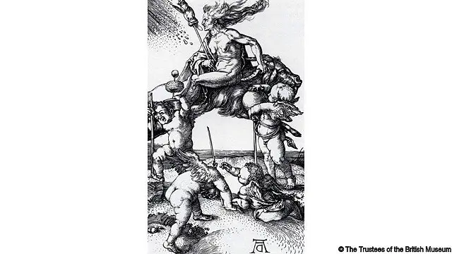 Ще одна гравюра Дюрера зображує відьму верхи на цапі, її оточують четверо путті (купідонів). З колекції Британського музею