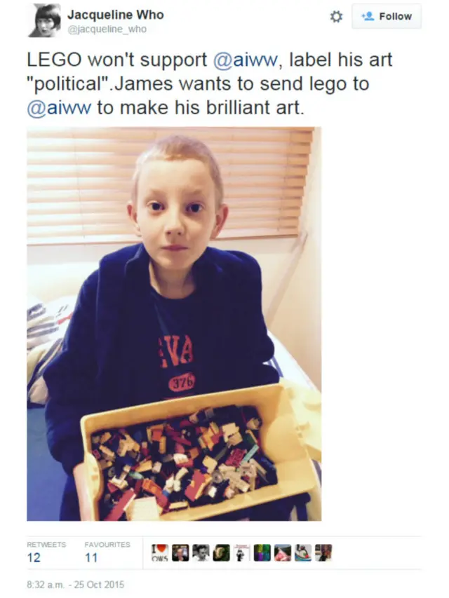 @jacqueline_who：「樂高不支持艾未未，標籤他的藝術『政治化』。詹姆斯想把他的樂高送給艾未未去做他出色的藝術。」