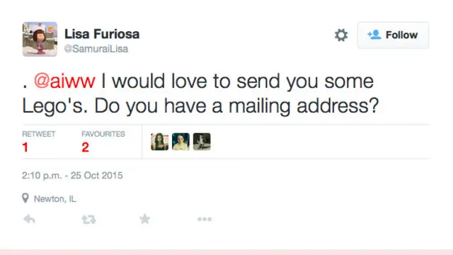 @SamuraLisa：「我很樂意給您寄點樂高。您有郵寄地址嗎？」