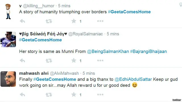 ٹوئٹر پر گیتا کی گھر واپسی کے تحت مختلف اقسام کے خیال ظاہر کیے گئے