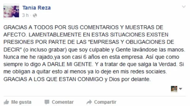 Mensaje en Facebook de la conductora Tania Reza