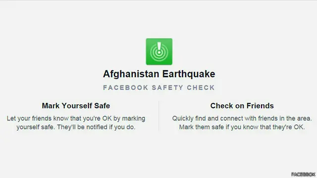 فیس بک نے زلزلے کے دوران متاثرہ علاقہ میں موجود سروس استعمال کرنے والوں کو نوٹیفیکشن بھیجا کہ اپنے دوستوں کو اپنے حالات سے مطلع کریں