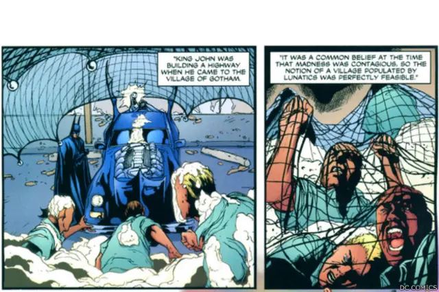 Imagen de "Leyendas del Caballero Oscuro" describiendo a lunáticos en el pueblo de Gotham