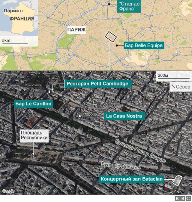 Карта нападений в Париже