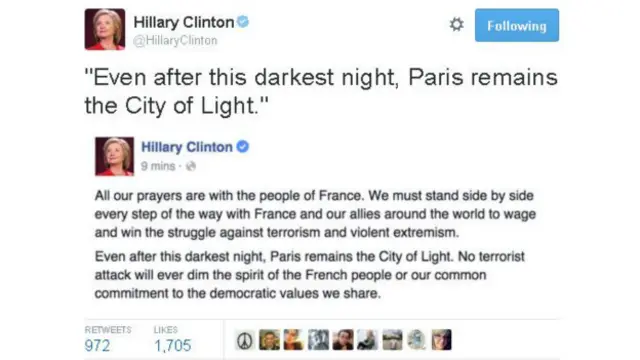 وغردت هيلاري كلنتون قائلة: "حتى بعد هذه الليلة الحالكة، باريس ستبقى مدينة الأنوار."