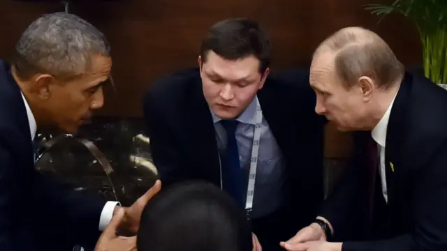 باراک اباما و ولادیمیر پوتین در حاشیه نشست گروه ۲۰ با هم گفتگو کردند