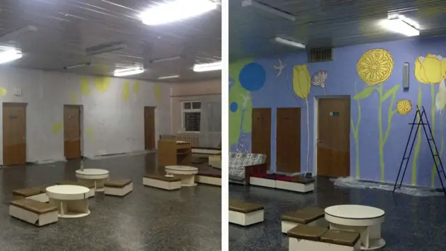 Це зал у Київській міській лікарні №1. Ліворуч - "до", праворуч - "після" розпису. 