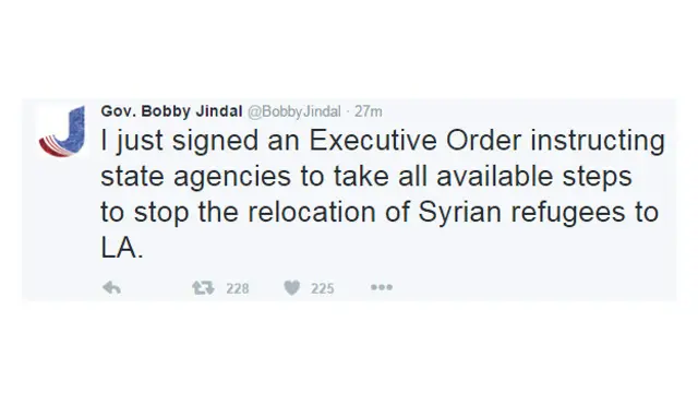 “Acabo de firmar una Orden Ejecutiva para indicar a las agencias del estado que tomen los pasos necesarios para detener la reubicación de refugiados sirios en LA”, tuiteó el gobernador de Luisiana.
