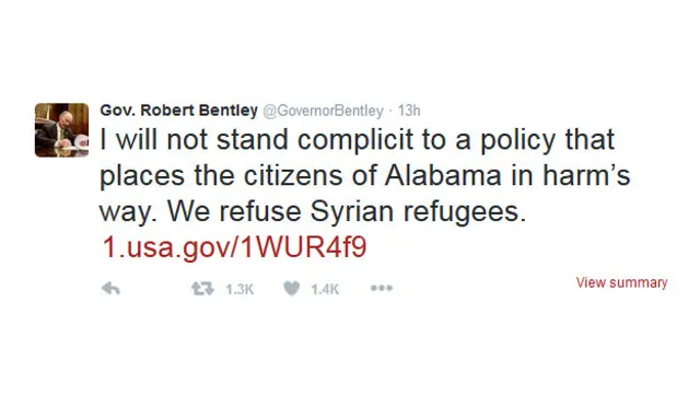 "No seré cómplice de una política que pone a los ciudadanos de Alamaba en peligro. Rechazamos a los refugaidos sirios", escribió el gobiernador de Alabama.