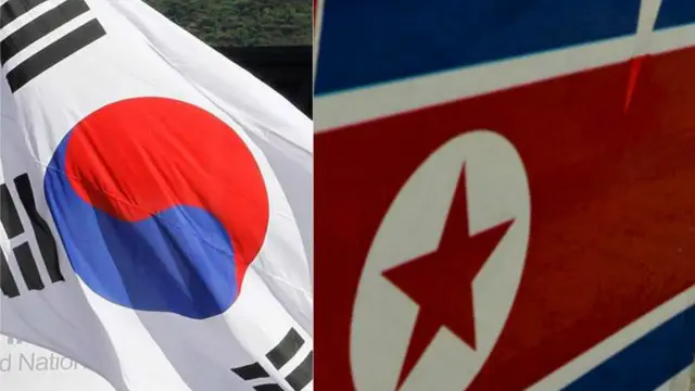 Bendera Korea Utara dan Korea Selatan.
