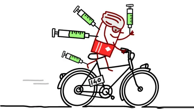 Карикатура: велосипедист, утыканный шприцами