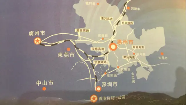 惠州、东莞、广州地理位置。