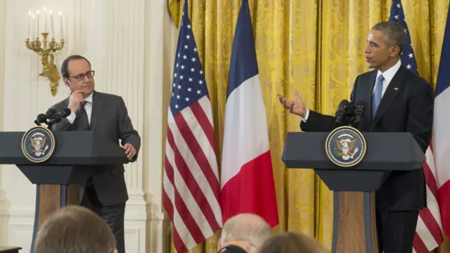 法国总统奥朗德周二(11月24日)访问华盛顿,在白宫与美国总统奥巴马谈反恐合作