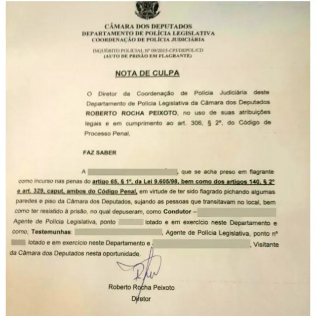 Texto assinado diz que jovem foi "flagrado pichando algumas paredes e piso da Câmara dos Deputados, sujando as pessoas que transitavam no local, bem como ter resistido à prisão".
