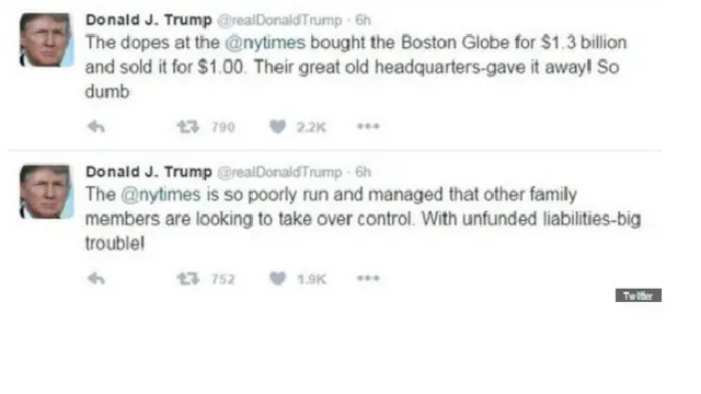 ڈونلڈ ٹرمپ کے عملے نے اس موضوع پر کوئی بیان جاری نہیں کیا ہے لیکن انھوں نے اپنے ٹوئٹر اکاؤنٹ سے نیو یارک ٹائمز پر تنقید ظاہر کی ہے