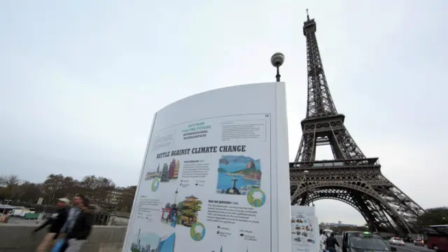 巴黎埃菲尔铁塔前的气候大会信息板