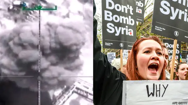 Imagen de bombardeos contra EI en Siria, difundida por Rusia, junto a foto de protestas en Londres contra posibles bombardeos 
