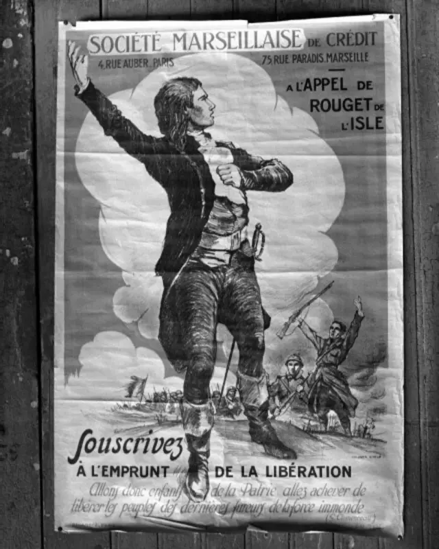 Sebuah poster saat Perang Dunia partama menampilkan Rouget de Lisle menyerukan pembebasan.