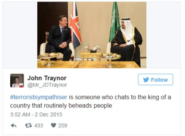 "Simpatisan teroris adalah seseorang yang berbincang dengan raja dari negara yang secara rutin memenggal kepala orang."