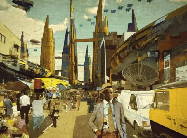 Работа портного Икире Джонса стала темой этого полотна, на котором изображена коммерческая столица Нигерии Лагос в следующем веке. В каталоге сказано, что хорошо одетый человек на первом плане – ученик портного, который хочет одевать граждан новой Африки.