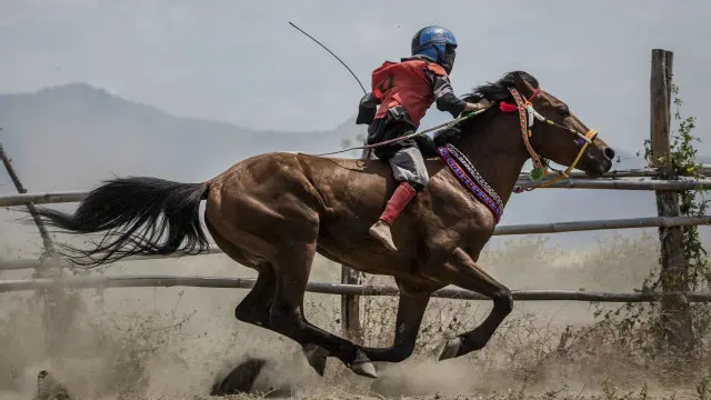 Joki anak-anak saat pacuan kuda di Sumbawa.